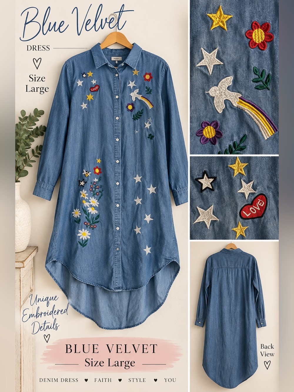 Blue Velvet Embroidered Denim Chambray Shirt Dress Large NWT Modest